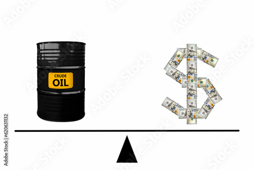 100 US dollars and crude oil barrel on scales