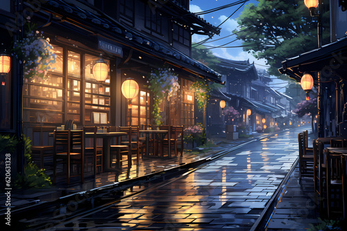 view of the restaurant and the street  anime style