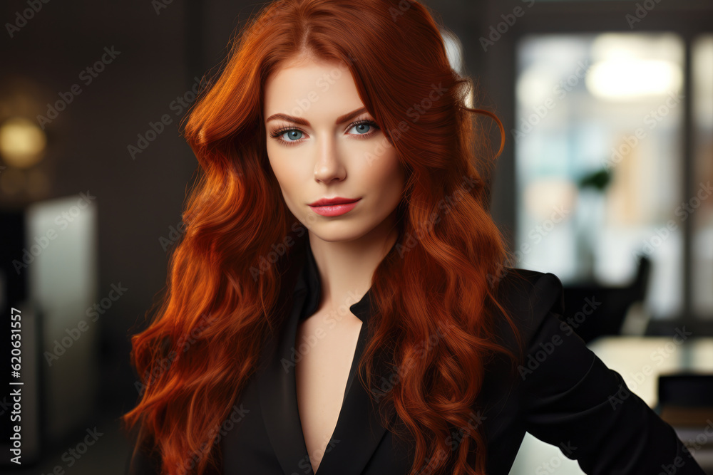 Close up of a redhead businesswoman with her workspace on the background. Generative AI Close up of a redhead businesswoman with her workspace on the background. Generative AI