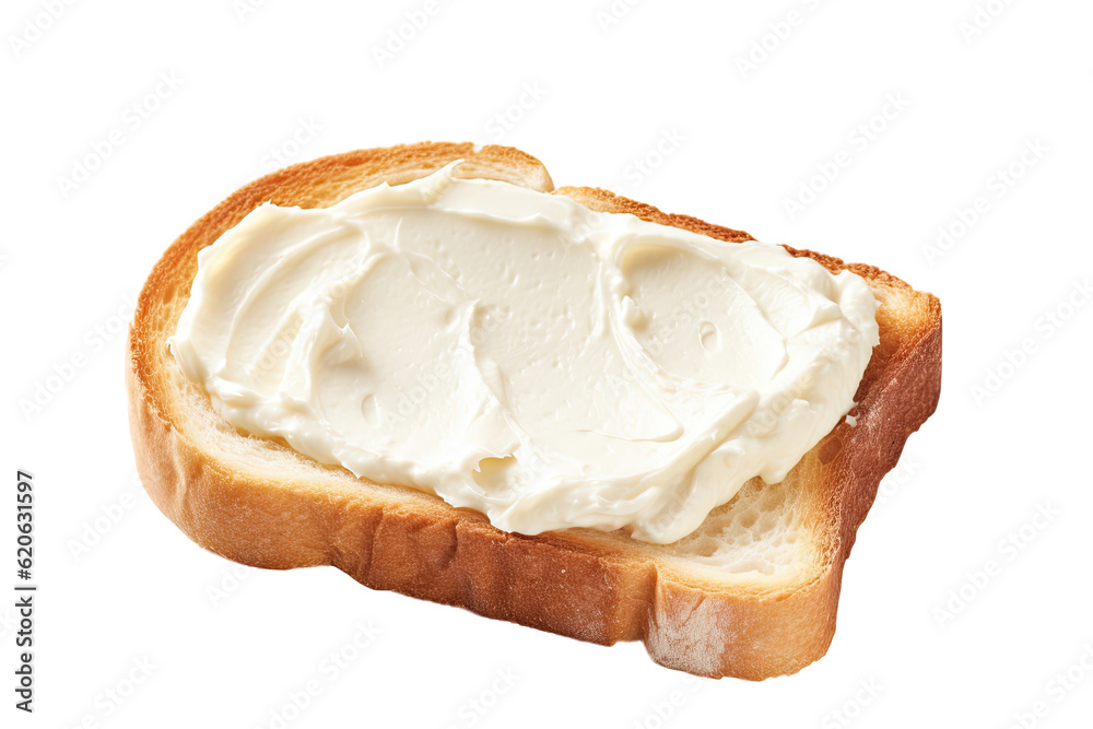 A slice of bread that has been toasted and is accompanied by cream cheese, seen in a picture that shows a plain transparent background. A slice of bread that has been toasted and is accompanied by cream cheese, seen in a picture that shows a plain transparent background.