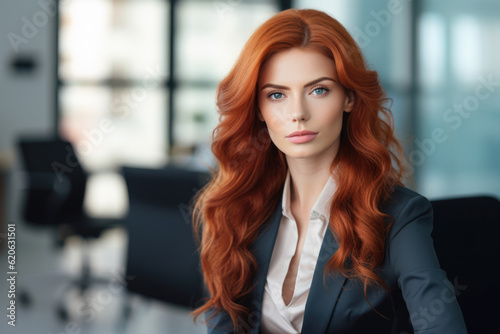 Wallpaper Mural Close up of a redhead businesswoman with her workspace on the background. Generative AI Torontodigital.ca
