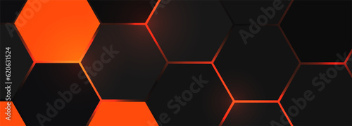 Dark hexagonal gaming abstract vector background with orange bright flashes under hexagon. Hexagonal gaming abstract vector wide banner.