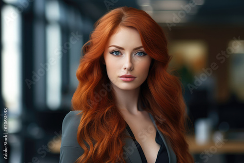 Close up of a redhead businesswoman with her workspace on the background. Generative AI © JuanM