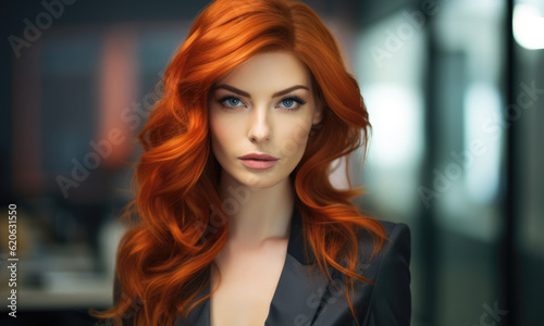 Wallpaper Mural Close up of a redhead businesswoman with her workspace on the background. Generative AI Torontodigital.ca