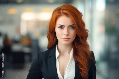 Close up of a redhead businesswoman with her workspace on the background. Generative AI © JuanM