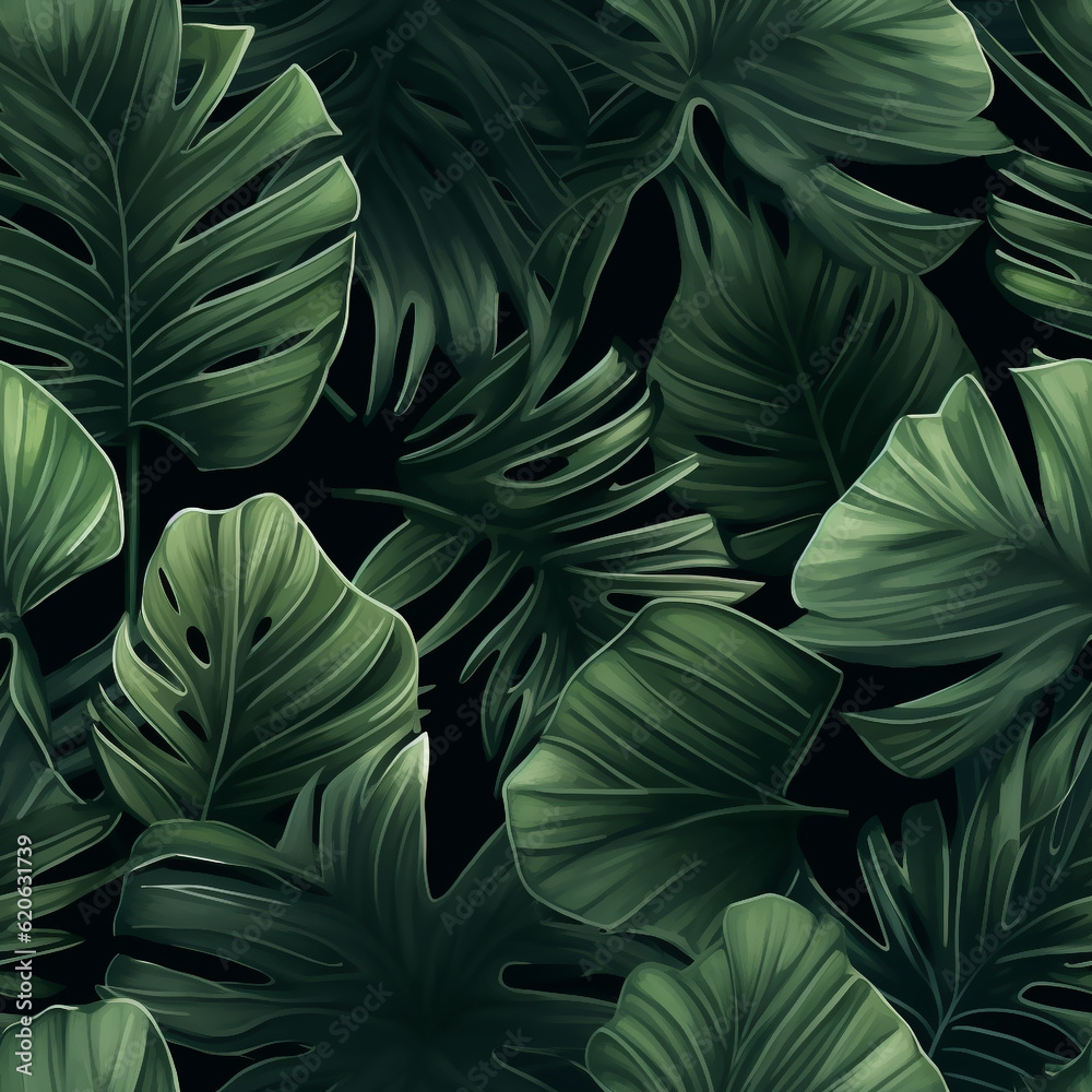 custom made wallpaper toronto digitalTropical jungle leaves background, banner with green floral pattern. Palm leaves on dark background in a garden. Design for fabric , print, cover, banner and invitation Generative AI