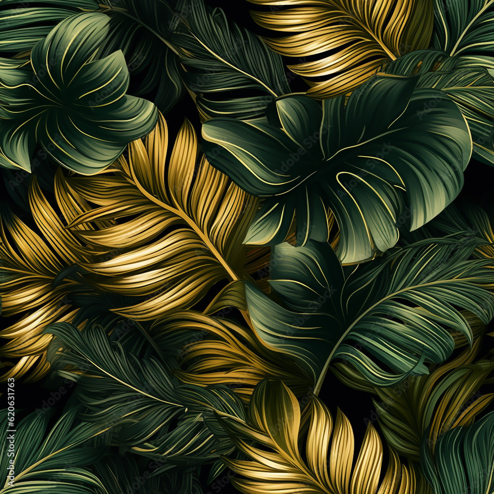 Tropical jungle leaves background, banner with green and gold floral pattern. Palm leaves on dark background in a garden. Design for fabric , print, cover, banner and invitation Generative AI