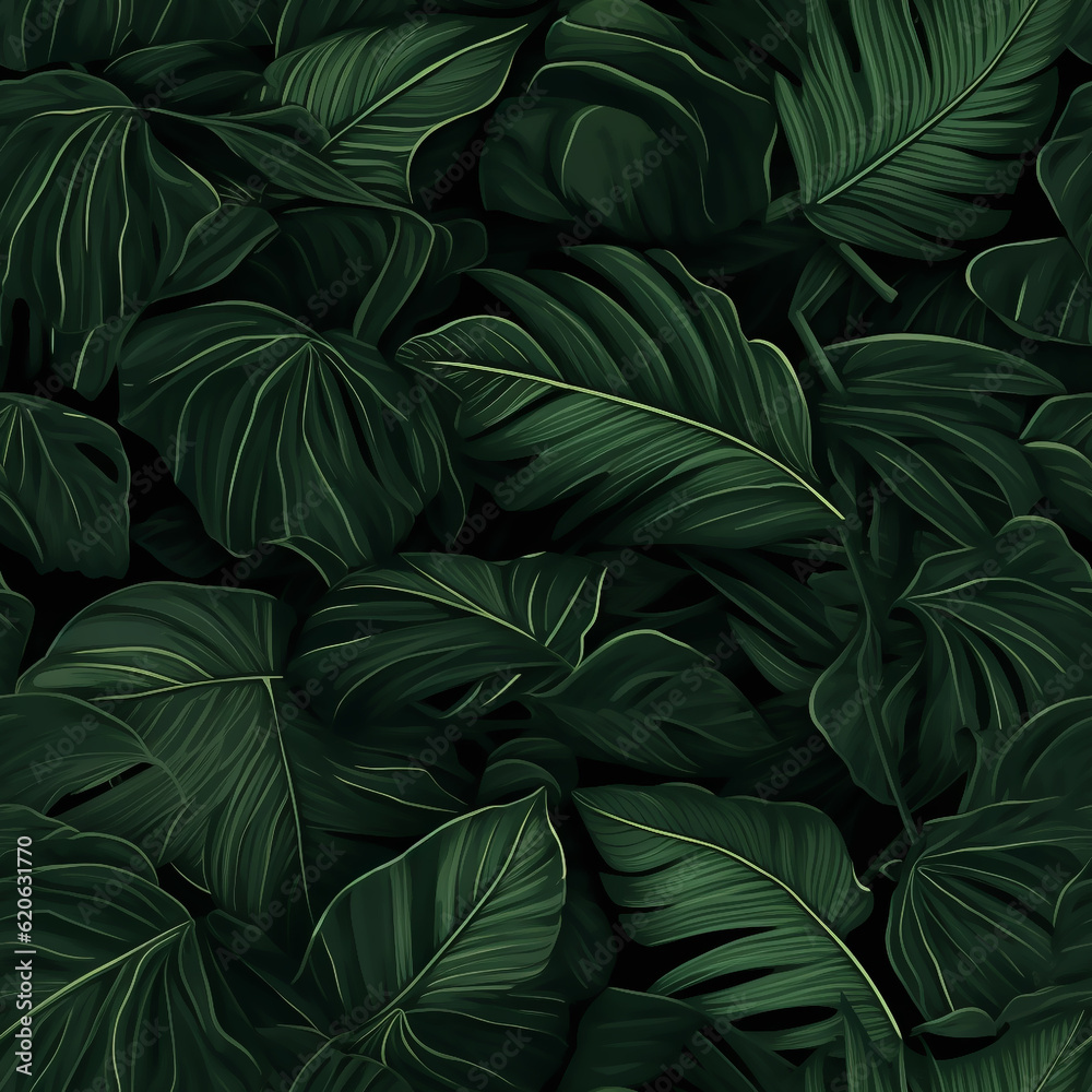 custom made wallpaper toronto digitalTropical jungle leaves background, banner with dark green floral pattern. Palm leaves on dark background in a garden. Design for fabric , print, cover, banner and invitation Generative AI