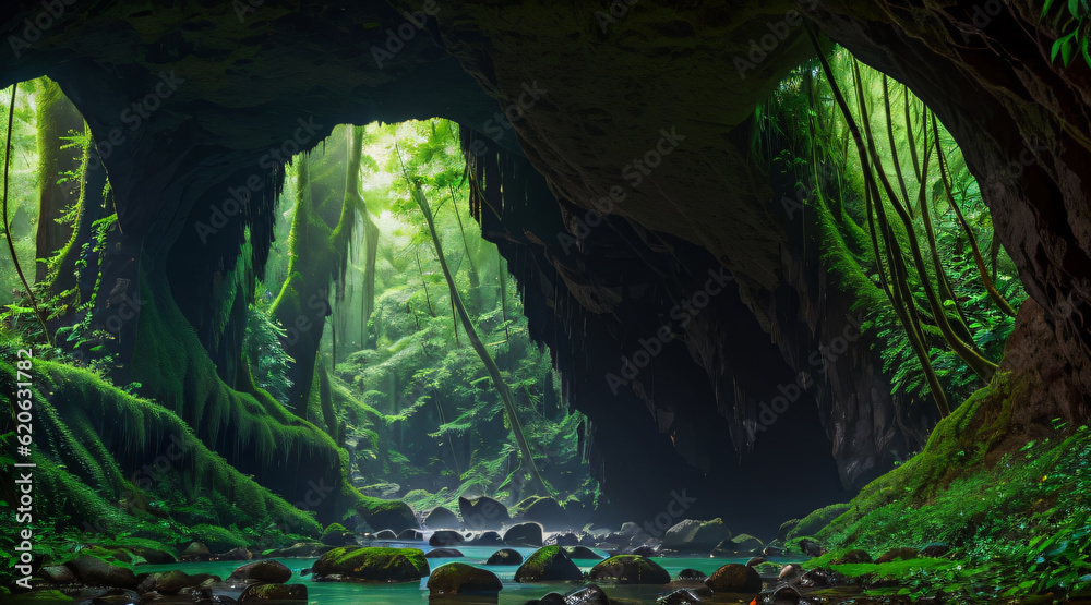 Cave in Rainforest, Nature, Park, Mountain, Generative Ai. Cave in Rainforest, Nature, Park, Mountain, Generative Ai.