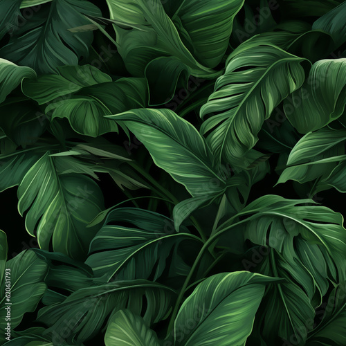 Tropical jungle leaves background, banner with green floral pattern. Palm leaves on dark background in a garden. Design for fabric , print, cover, banner and invitation Generative AI