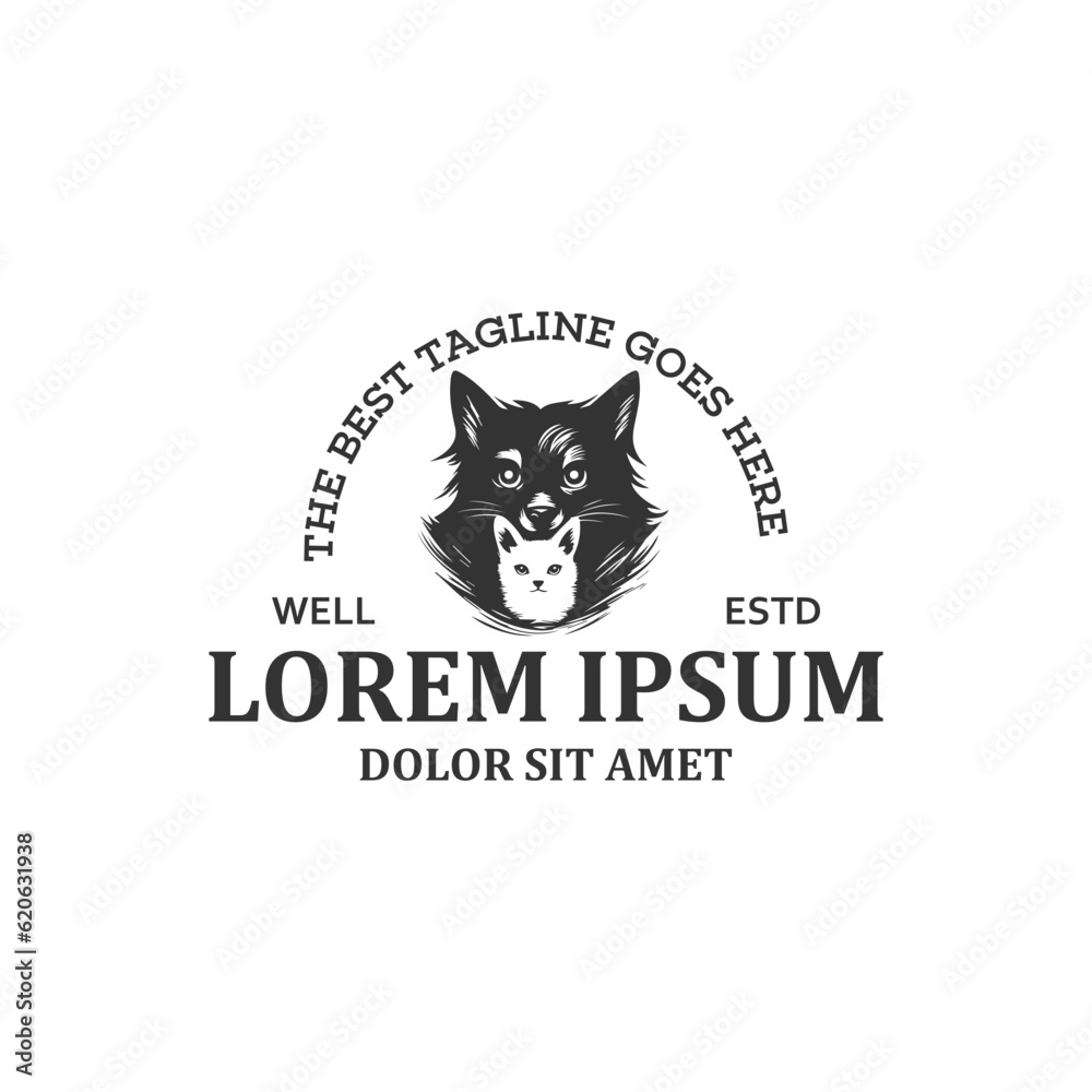 Fototapeta premium Dog cat pet hipster vintage logo vector icon illustration. cat and dog logo. Line Of Head Pet Logo Design. Line Of Head Pet Logo Template. Modern Design. Vector Illustration.