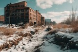Desolate and decaying abandoned Detroit factory warehouse - winter landscape. Generative AI