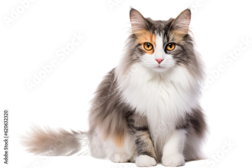 A female cat, with grey, orange, and white fur, is sitting directly in front of the camera, appearing isolated on a transparent background.