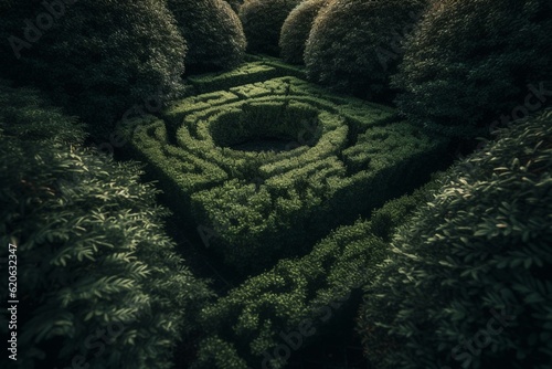 Fototapeta A labyrinth of shrubbery in shades of green. Generative AI