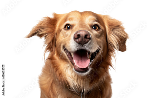 Studio close-up photo of an older mixed breed dog with a light brown coat, displaying a joyful expression, captured on a plain transparent background.