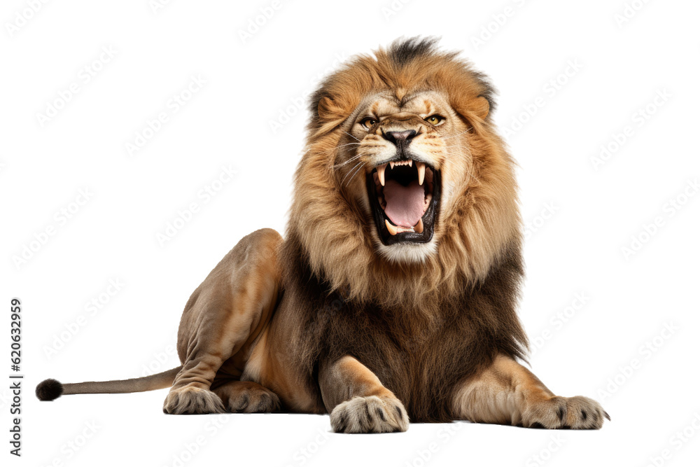 A ten-year-old Lion, known as Panthera Leo, sits and lets out a loud roar while being alone on a transparent background.
