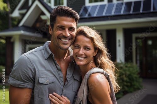 Smiling couple standing infront of a house with solar panels
