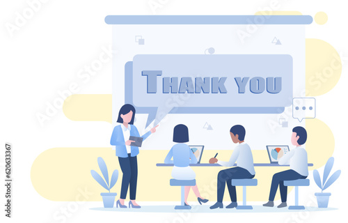 Business people discussion in meeting room. They exchange ideas, analyze data, and strategy for business growth. Presentation slide show "Thank you" in agenda meeting. Flat vector design illustration.