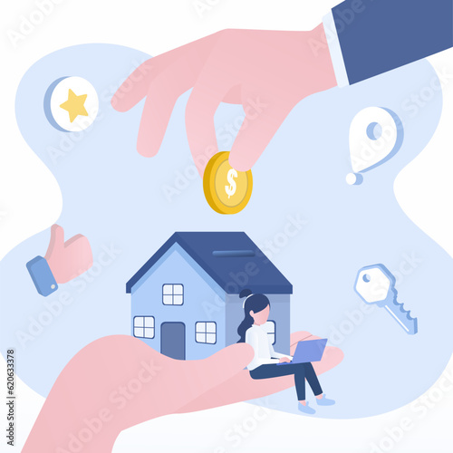 Saving money to buy a house through a loan. Financial planning, guarantee, budgeting, goal, wealth, stability and homeownership. Big hand holding coin in home bank. Vector illustration.