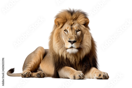 A lion named Panthera leo, aged 8, is seated in front of a plain transparent background. © AkuAku