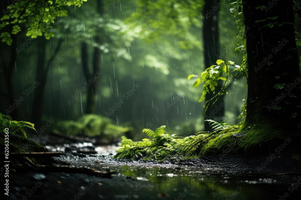 Obraz premium Rain in a Lush Green Forest