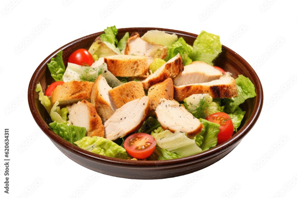 Chicken salad. Chicken Caesar salad. Caesar salad with grilled chicken and crispy bread cubes. Grilled chicken fillet and a fresh salad of vegetables without any dressings, placed on a plain Chicken salad. Chicken Caesar salad. Caesar salad with grilled chicken and crispy bread cubes. Grilled chicken fillet and a fresh salad of vegetables without any dressings, placed on a plain