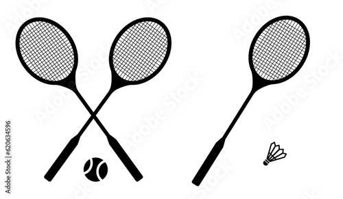 Badminton, tennis racket and ball vector. Tennis icon, logo on white background