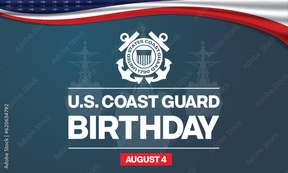 US Coast Guard Birthday design with emblem and ships in the background