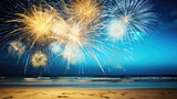 Blue, gold, white fireworks above water with reflection on the black sky background. New Year, wedding beach celebration. American holiday.
