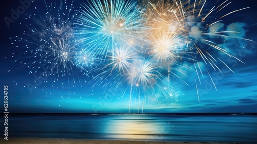 Blue, gold, white fireworks above water with reflection on the black sky background. New Year, wedding beach celebration. American holiday.