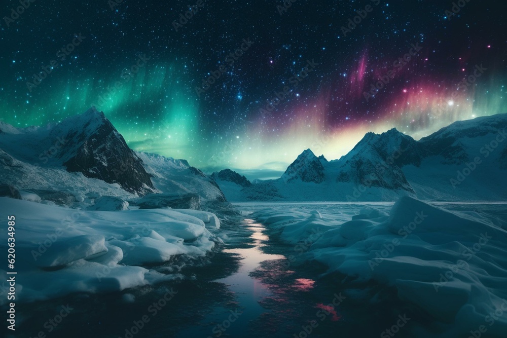 Panoramic ice terrain with aurora in the sky. Generative AI