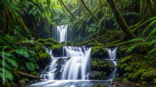 Waterfall in Rainforest, Nature, Park, Mountain, Generative Ai. © Hugo Leonardo
