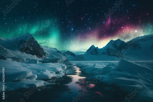 Panoramic ice terrain with aurora in the sky. Generative AI © Mason