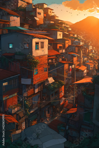 A bustling favela cityscape with buildings and birds soaring through the sky Generative Ai