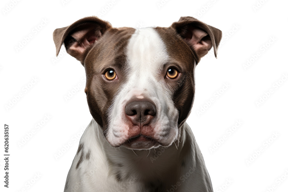 A studio photograph shows a rescue pit bull with brown and white fur, posing in a headshot portrait. The dog is facing straight ahead and the backdrop is a pale gray color.