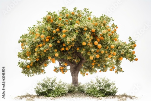 Isolated orange tree with white buds and flowers on white background. Generative AI
