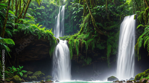 Waterfall in Rainforest, Nature, Park, Mountain, Generative Ai.