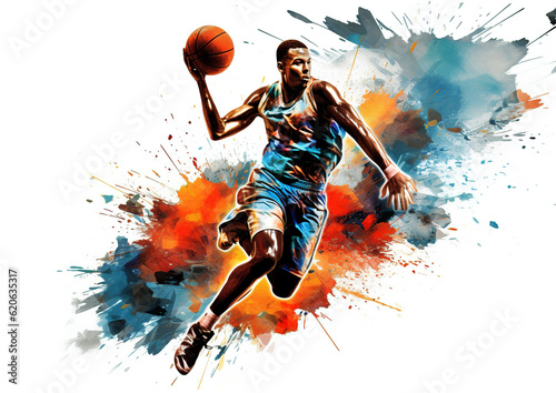 Sport abstract. Basketball watercolor splash player in action with a ball isolated on white background. AI generated illustration.	