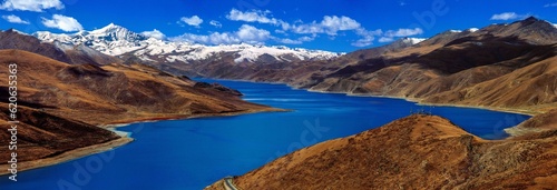 panorama of holy mountains and lake in Tibet
