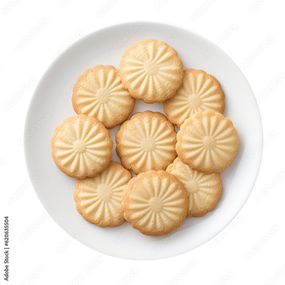 Butter Cookies On White Plate, Directly Above View On Isolated Transparent Background, Png. Generative AI Butter Cookies On White Plate, Directly Above View On Isolated Transparent Background, Png. Generative AI