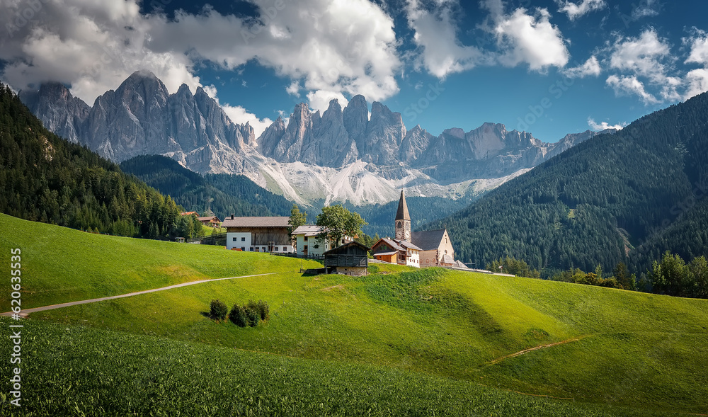 Incredible sunny landscape of Dolomites Alps. Popular view on world famous autumn alpine view in Dolomites alps. SANTA MADDALENA, ITALY. Iconic location for landscape photographers - obrazy, fototapety, plakaty 