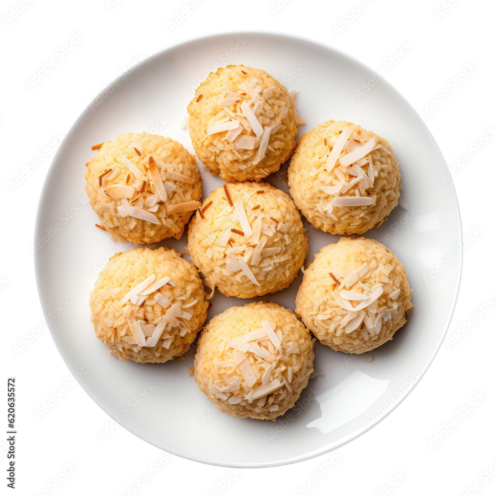 Coconut Cookies On White Plate, Directly Above View On Isolated Transparent Background, Png. Generative AI Coconut Cookies On White Plate, Directly Above View On Isolated Transparent Background, Png. Generative AI