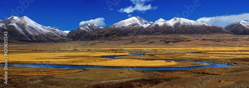 panorama of holy mountains and river in Tibet