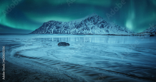 Billede på lærred Stunning winter scenery on Skagsanden beach at night with Northern lights