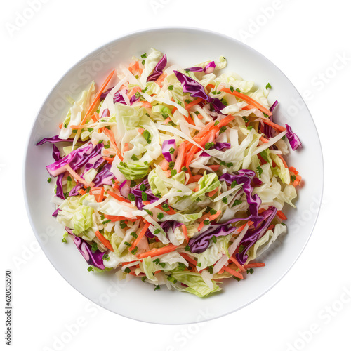 Coleslaw On White Plate, Directly Above View On Isolated Transparent Background, Png. Generative AI