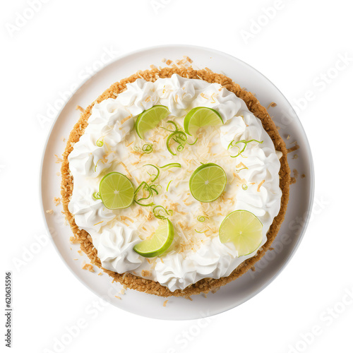 Coconut Lime Pie On White Plate, Directly Above View On Isolated Transparent Background, Png. Generative AI