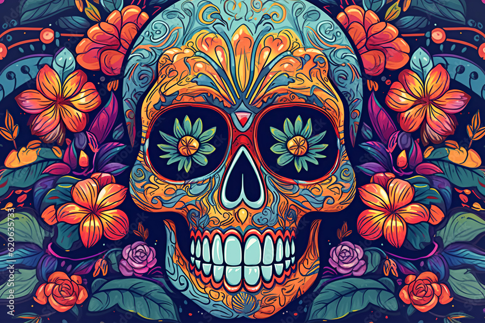 Mexican holiday Dia de Muertos. Colorful sugar skull decorated with flowers blue purple background for Day of the Dead