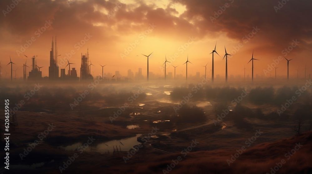Wind turbines at a wind farm and in the distance a polluted city is seen. Generative AI