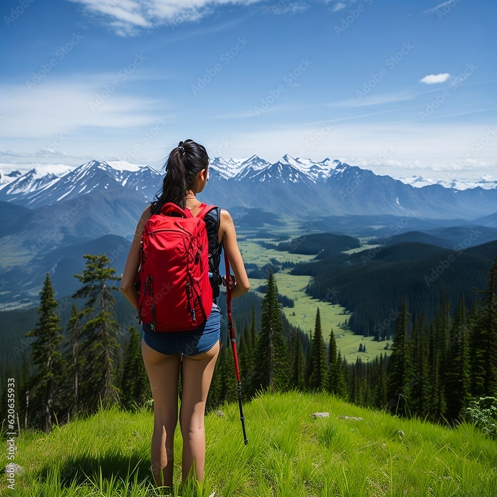 Rear view of female hiker with backpack looking out over a landscape.