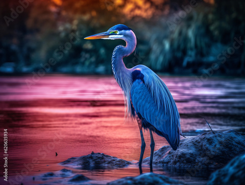 A majestic blue heron perched on a rocky outcrop in a serene river Generative Ai